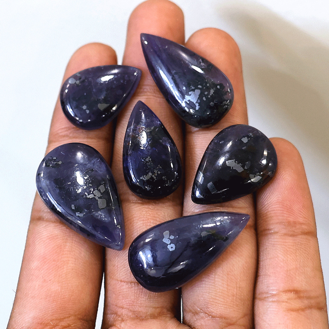 Rare 6 PC Natural Iolite W/ Hematite 21mm-29mm Teardrop Cabochon Gemstones Lot