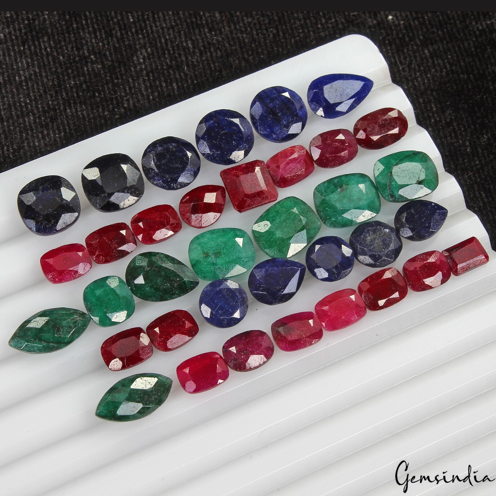 100 Ct Natural Ruby, Emerald & Sapphire 7-14mm Mix Cut Certified Gemstones~36 Pc