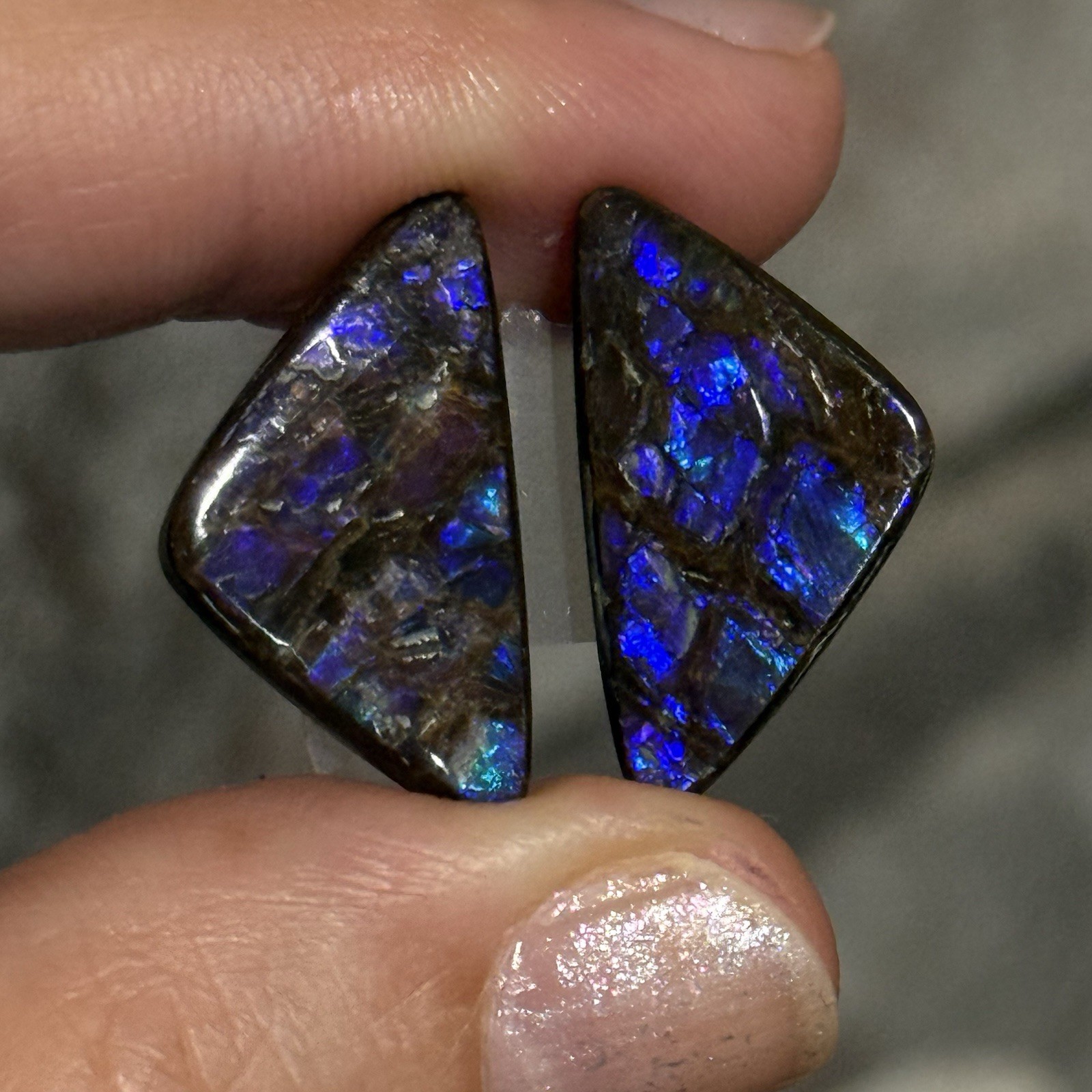 18.5ct 21.5×12.1×3.5mm Pair Shiny Purple Genuine Ammolite Triangle Cabochon Gems