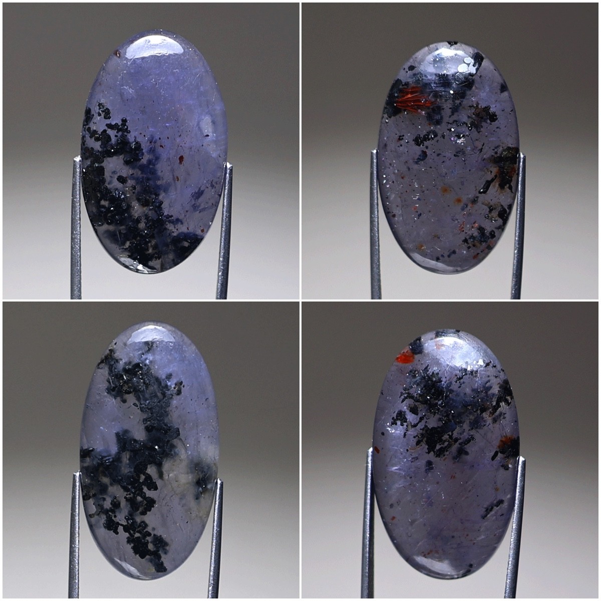 Violet Cosmos — 4 PC Rare Hematite Included Iolite Cabochons— 27mm-29mm Oval Lot