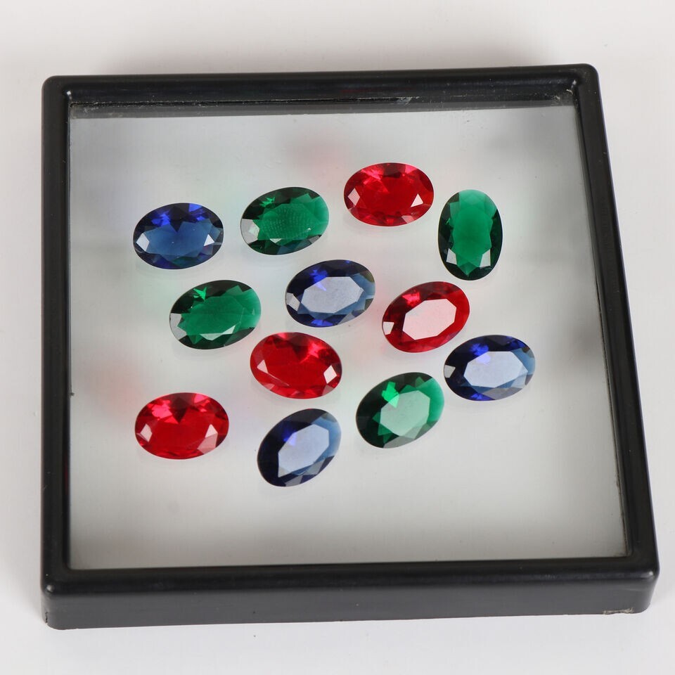 48 Ct 12 Pcs Oval Cut Emerald, Red Ruby & Blue Sapphire Mix Loose Gemstones Lot