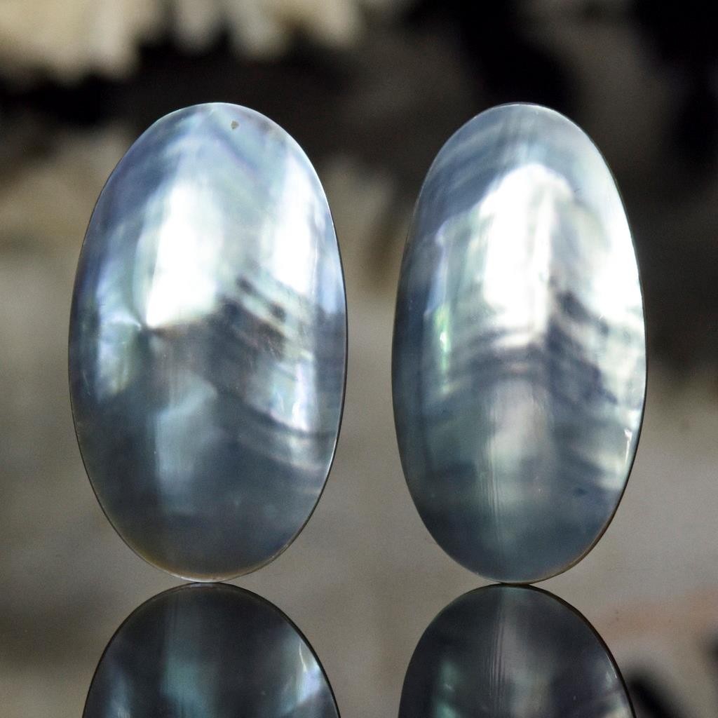 Osmena Pearl Metallic Silver Blue Shell 31x17mm Oval Cabochon Matching Pair 5.6g