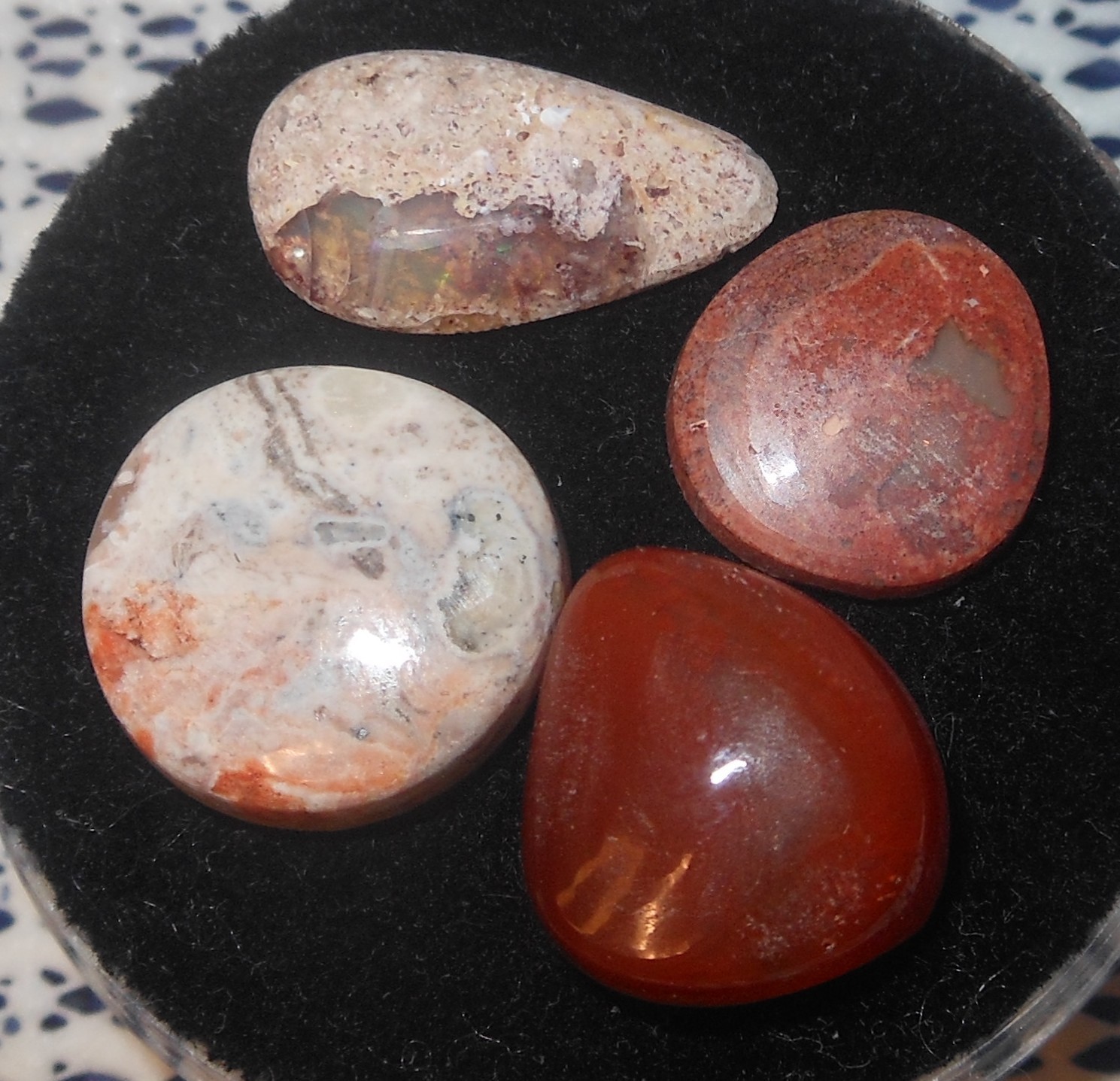 Mexican Fire Opal lot 4pcs 20.40tcw face polished, mixed color, size, and shape