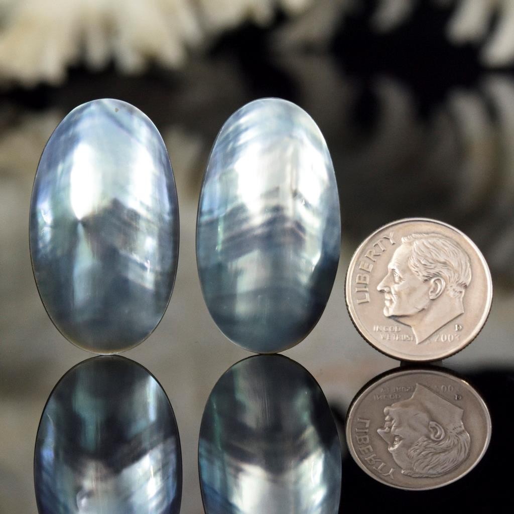 Osmena Pearl Metallic Silver Blue Shell 31x17mm Oval Cabochon Matching Pair 5.6g