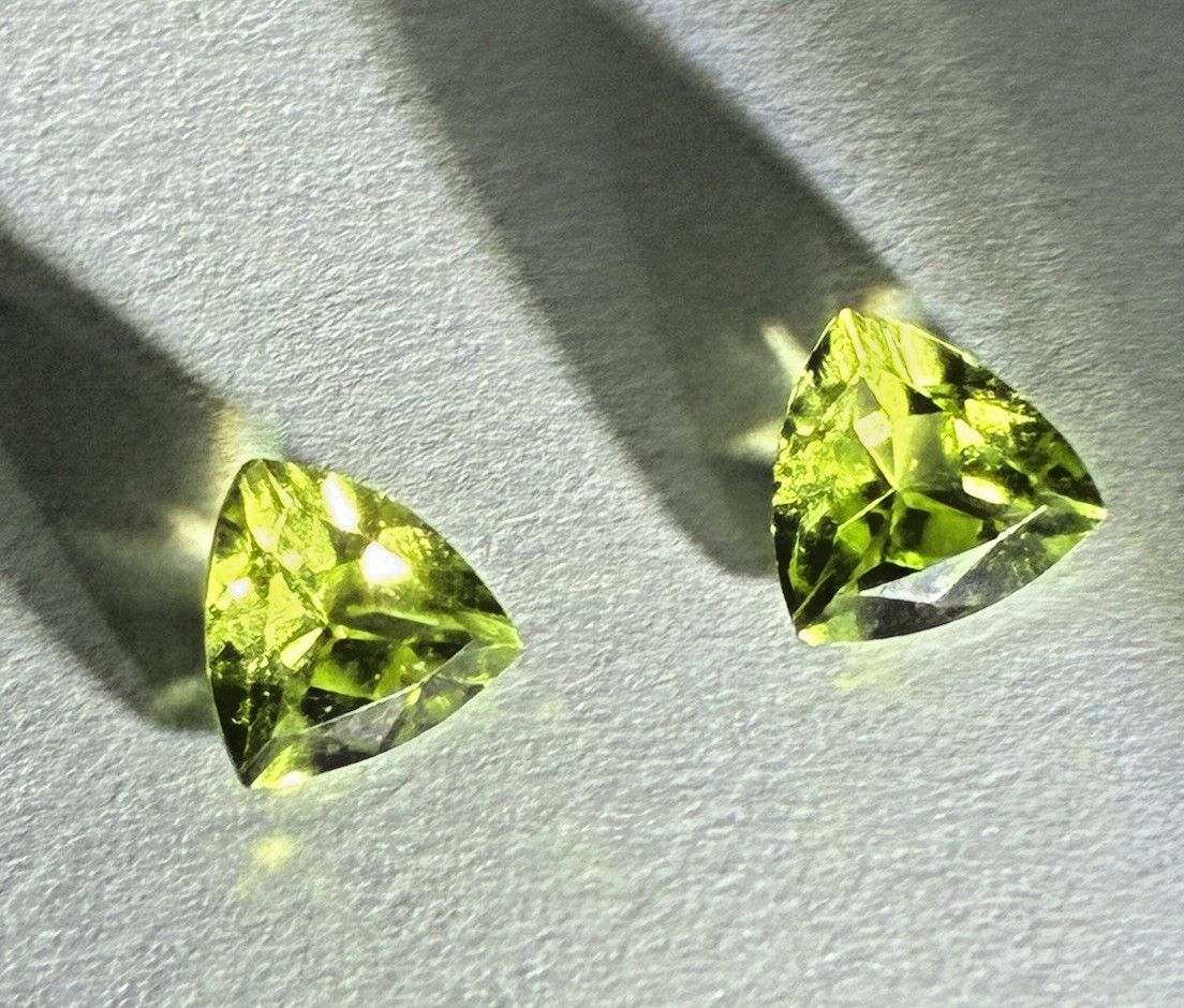Bright Green 1.80 Carats Two 6MM Trillion Cut Peridots for Earring Making, New