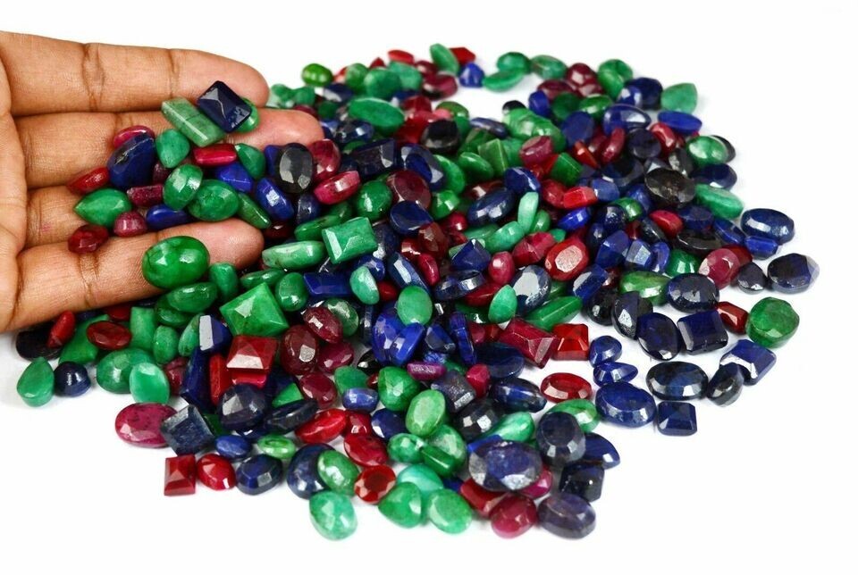 Natural Emerald, Ruby & Sapphire Mix Faceted Gemstones Lot Mix Cut 100 Ct/ 7 Pcs