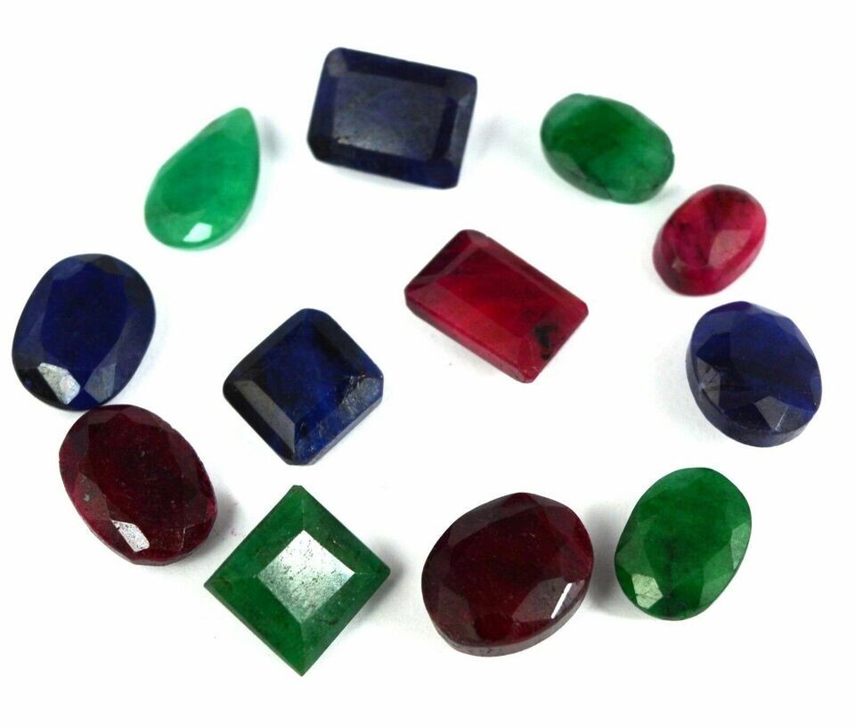 Natural Emerald, Ruby & Sapphire Mix Faceted Gemstones Lot Mix Cut 100 Ct/ 7 Pcs