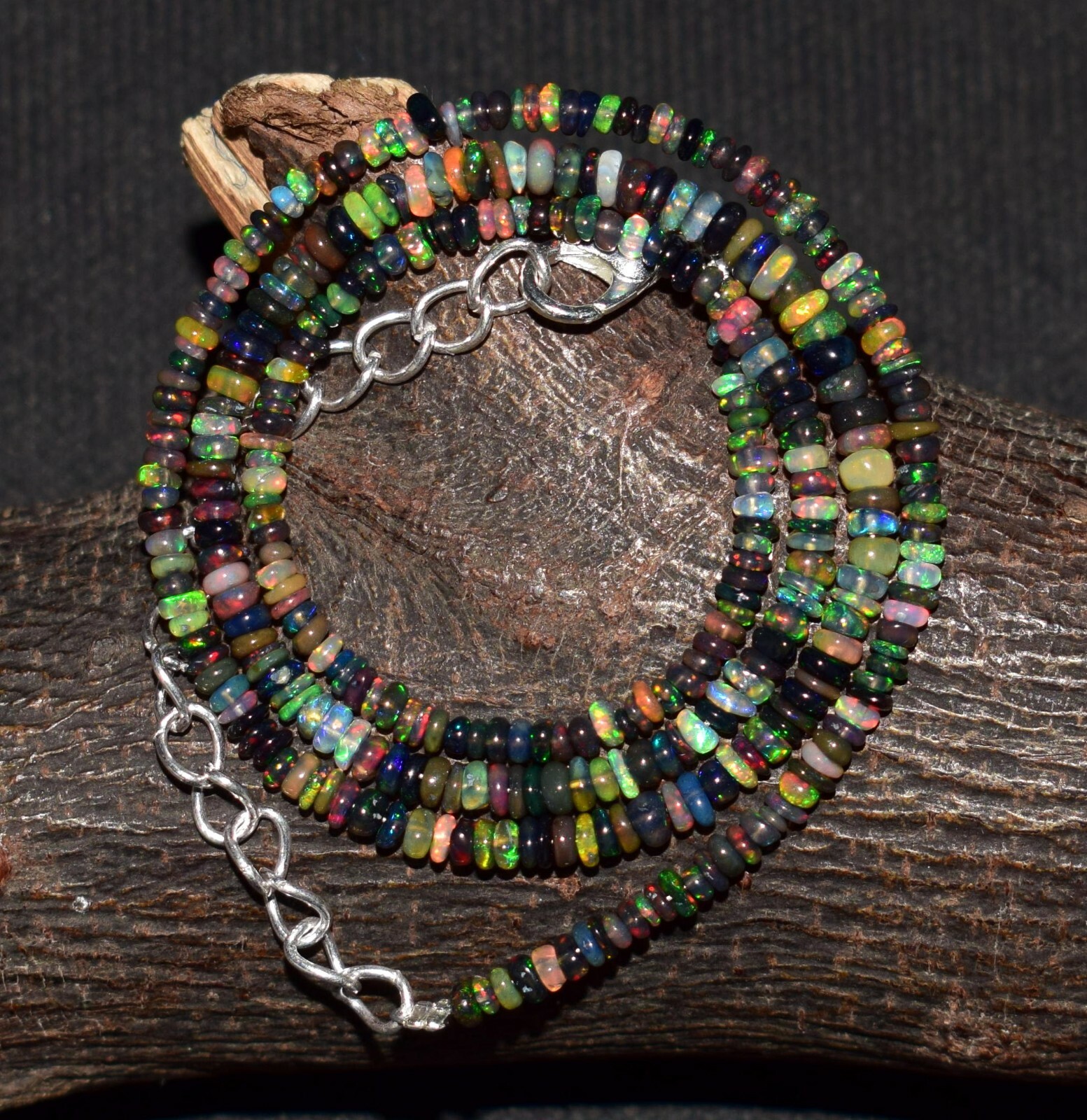 16″Natural Ethiopian Black Opal Wello Fire Opal Gemstone Bead Necklace F0772